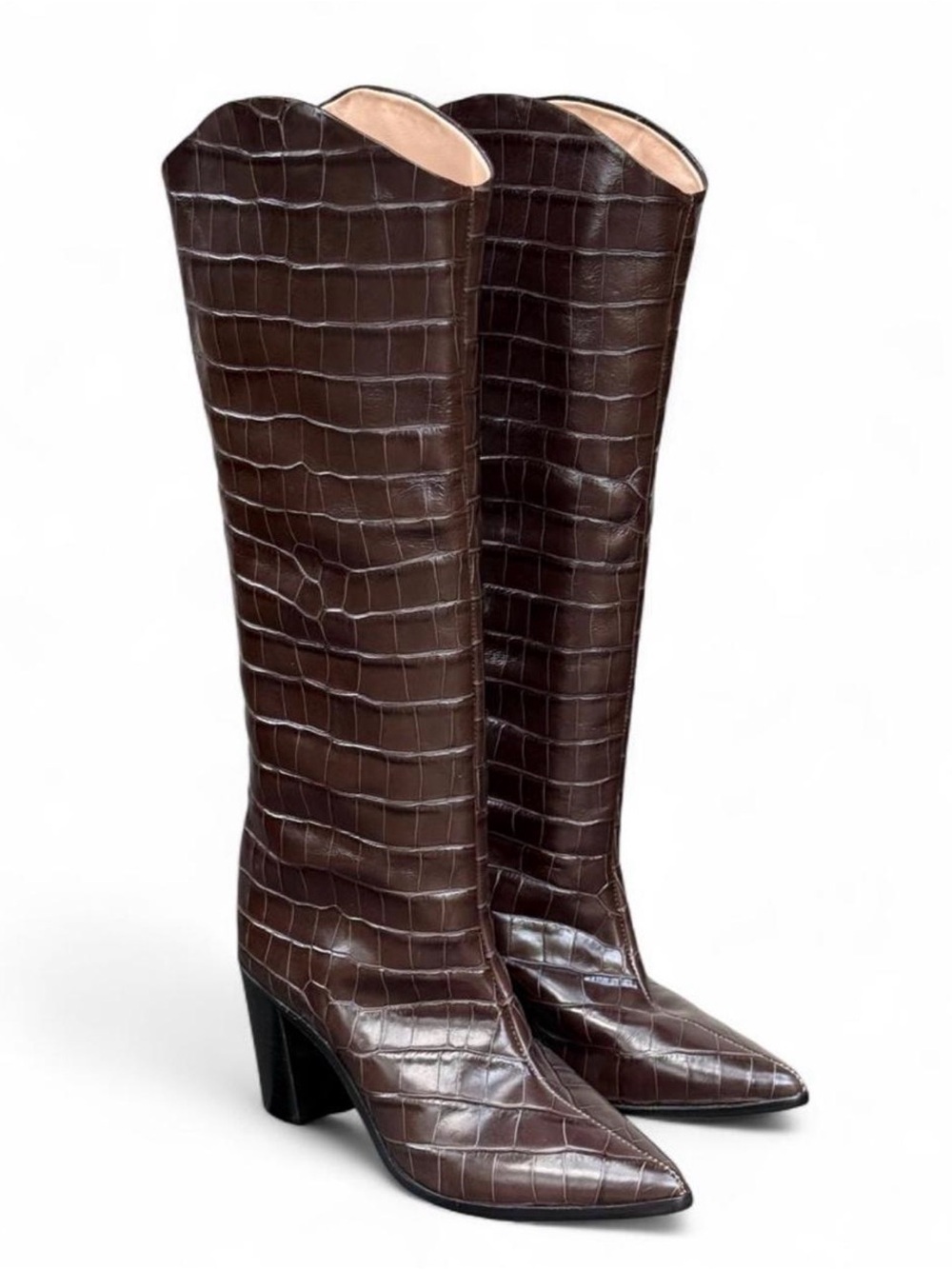 SCHUTZ Dark Brown Croc-Embossed Pointed Knee-High Boots - Picture 3 of 7